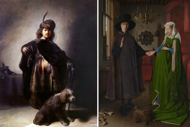 Rembrandt, Zelfportret in Oosterse kleding, 1631 (Petit Palais, Parijs) en Jan van Eyck, Portret van Giovanni Arnolfini en zijn vrouw, 1434 (National Gallery, Londen).