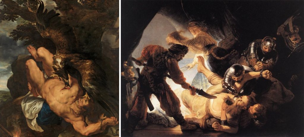 Peter Paul Rubens, Prometheus geketend, ca. 1611/12-1618. Philadelphia Museum of Art, Philadelphia en Rembrandt, De blindmaking van Samson, 1636. Städel Museum, Frankfurt am Main.