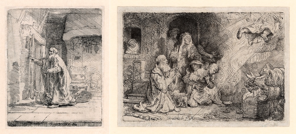 Rembrandt, De blinde Tobit, 1651 en Rembrandt, De engel verlaat de familie van Tobit, 1641