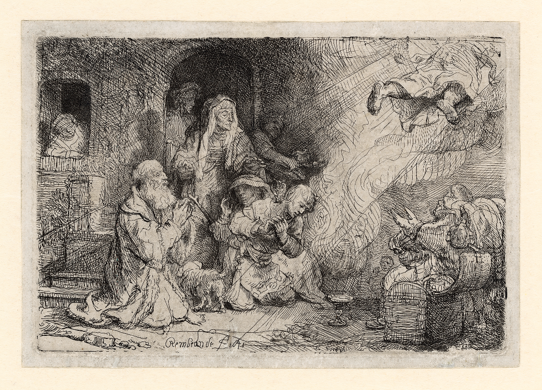 Croquis de Rembrandt : L'ange quittant la famille de Tobit. Rembrandt museum à Amsterdam.