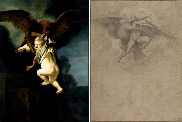 Rembrandt, De roof van Ganymedes, 1635 (Gemäldegalerie Alte Meister, Dresden) en een kopie van Michelangelo’s Roof van Ganymedes, 1532 (Harvard Art Museums, Fogg Museum, Massachusetts)