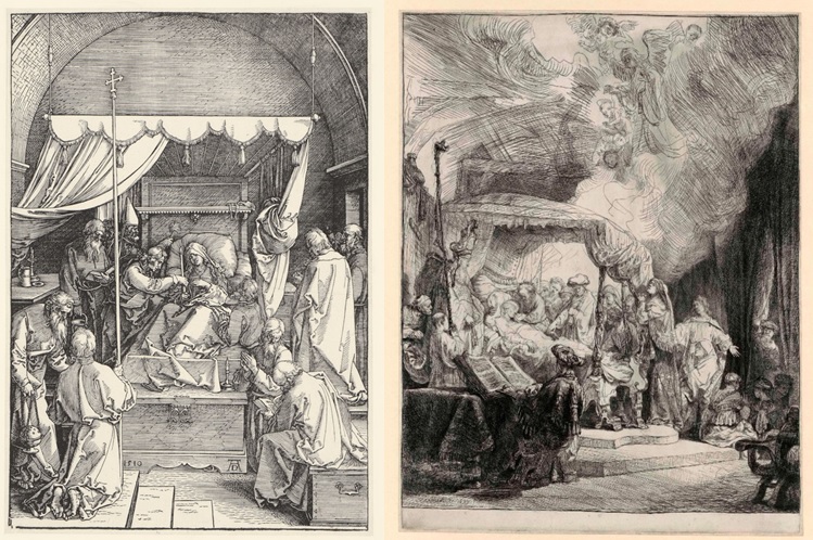 Links: Albrecht Dürer, Sterfbed van Maria, 1510. Houtsnede, Museum Het Rembrandthuis. Rechts: Rembrandt, Sterfbed van Maria, 1639. Ets, Museum Het Rembrandthuis, Amsterdam. 