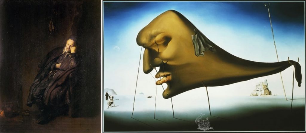 Rembrandt, Slapende oude man, 1629 (Galleria Sabauda, Turijn) en Salvador Dalí, Le sommeil (slaap), 1937 (Privécollectie)