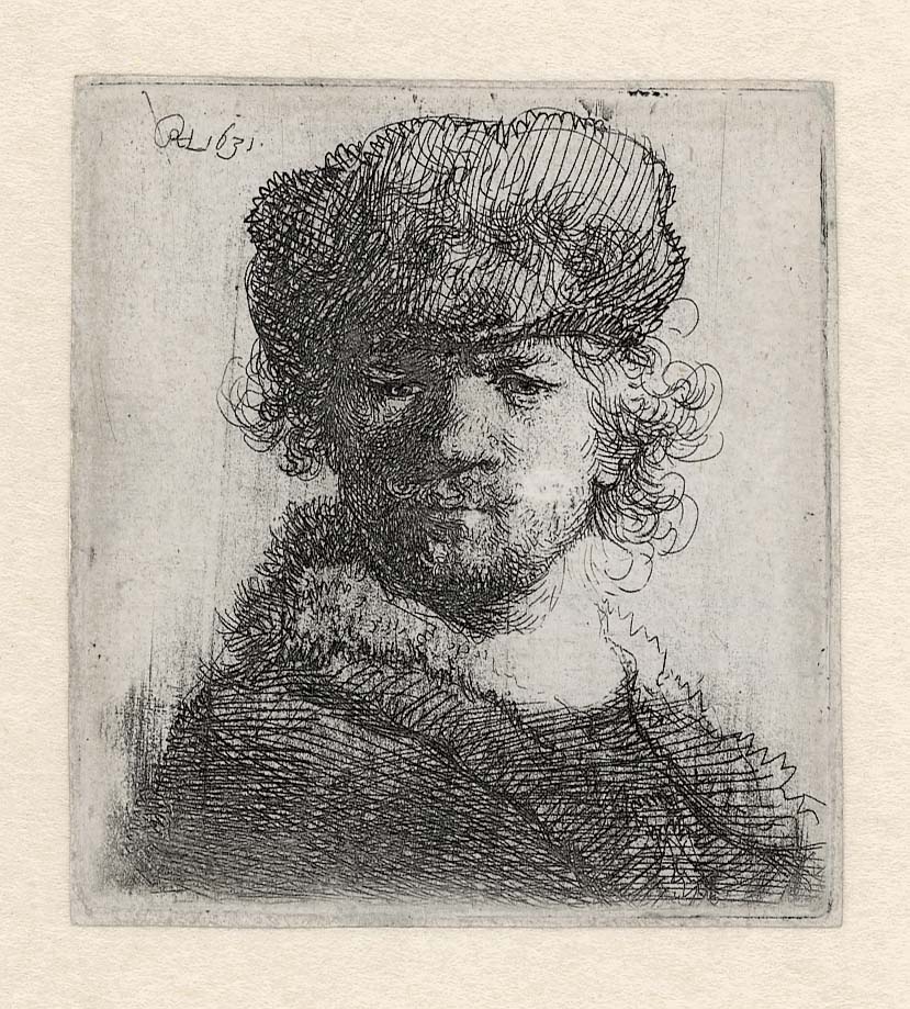 Rembrandt, Zelfportret met bontmuts, 1631. Ets, enige staat, Museum Het Rembrandthuis, Amsterdam. 