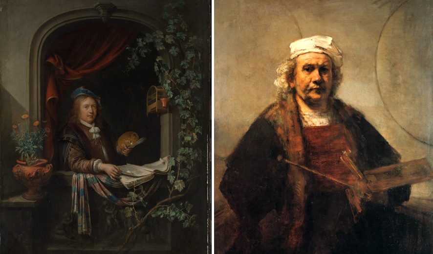 Gerrit Dou, Zelfportret, ca. 1665 (The Metropolitan Museum of Art, New York) en Rembrandt, Zelfportret met twee cirkels, ca. 1665-1669 (Kenwood House, Londen). 