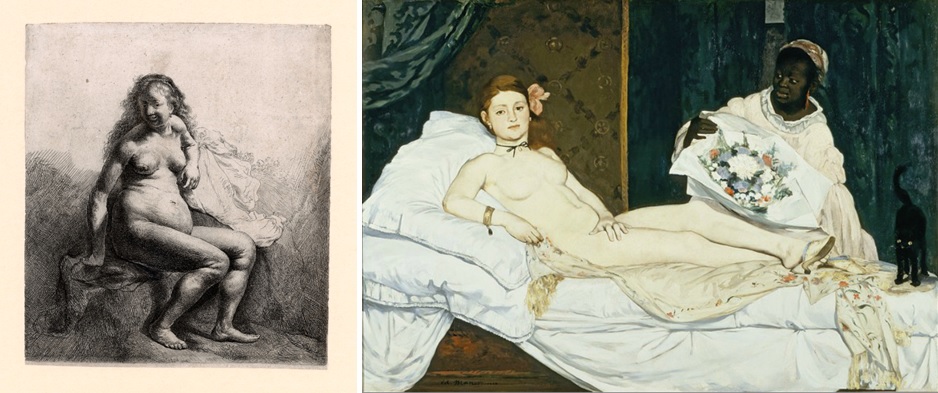 Rembrandt, Naakte vrouw, zittend op een heuveltje, ca. 1631 (Museum Het Rembrandthuis, Amsterdam), en Eduard Manet, Olympia, 1863 (Musée d’Orsay, Parijs). 