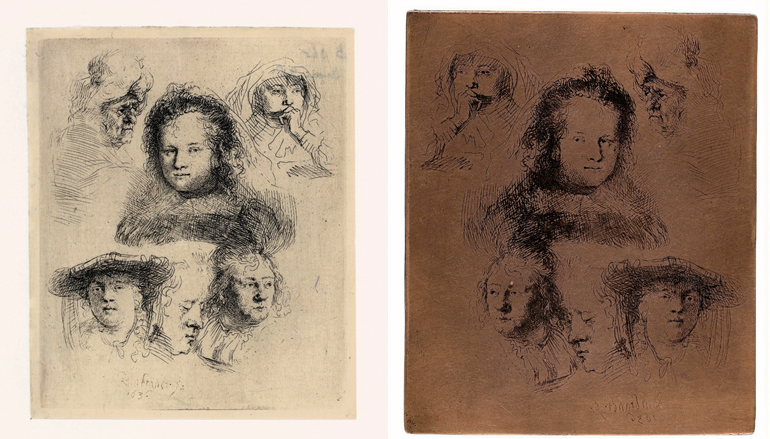 On the left: Rembrandt, Five studies of the head of Saskia, and one of an older woman, 1636. Etching, only state, The Rembrandt House Museum, Amsterdam. On the right: Rembrandt, Etching plate with ‘Five studies of the head of Saskia, and one of an older woman’, 1636. Copper, The Rembrandt House Museum, Amsterdam