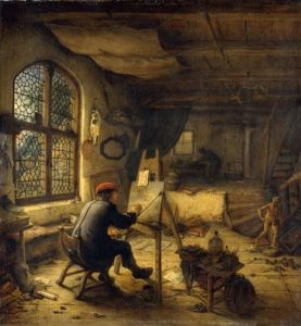 Schilderij van Adriaen van Ostade, De schilder in zijn atelier, 1663. Paneel.