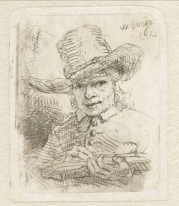 Schilderij van Willem Drost, Zelfportret, tekenend, 1652.