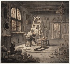 Schilderij van Michiel van Musscher, Een schilder in zijn atelier, 1665. Pen en penseel in inkt