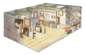 Reconstructietekening van het leerlingenatelier in het Rembrandthuis door Menno Balm, 2013