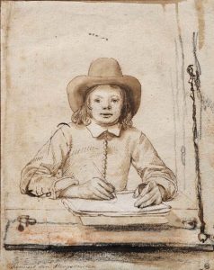 Schilderij van Samuel van Hoogstraten, Zelfportret, tekenend. Pen en penseel in inkt, zwart en rood krijt.