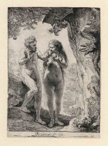 Rembrandt, Adam and Eve in Paradise, 1638. Etching, state 2