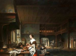Cornelis Bisschop, Kitchen Scene with a Woman Preparing Food, 1665. Oil on canvas.