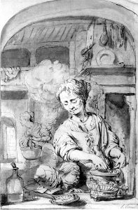 Here attributed to Cornelis Bisschop, Two Women and a Boy in a Kitchen, c. 1665. Pen and brush in brown.
