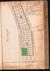 Auction map of  building lots in blocks A and B on Kattenburg, 1660. Jacob Wesselsz Wiltingh en Jan Willemsz Brederode purchased four lots: A 10-A13 (marked in green by the authors).