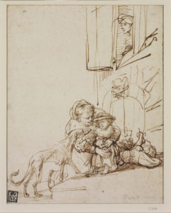 Schilderij van Rembrandt, Woman Holding a Child Frightened by a Dog, on the Doorstep of a House.