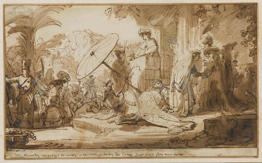 Workshop of Rembrandt, with inscription by Rembrandt, The Departure of Rebecca, c. 1637. Reed pen with bistre, wash and fine highlights mounted on cardboard