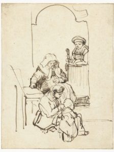 Schilderij van Rembrandt, Three Women and a Child by a Door, c. 1645. Paper, pen and brown ink, framing line in brown ink