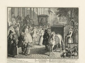 Schilderij van Bernard Picart, Bride and Bridegroom on Their Way to the Church/ Dutch Reformed Church Marriage Ceremony, 1730. Etching and engraving