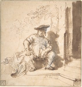 Schilderij van Rembrandt, Seated Man Wearing a Flat Cap, c. 1635–1640. Pen and brown ink, brush and brown wash, heightened with white gouache.
