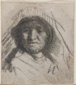Tekening Rembrandt, Head of an Old Woman with a Cap (Rembrandt's Mother), etching touched with black chalk