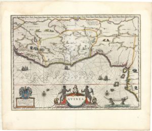 Willem Blaeu, Map of Guinea (dedicated to Nicolaes Tulp), 1634. Engraving and water colour. University of Amsterdam