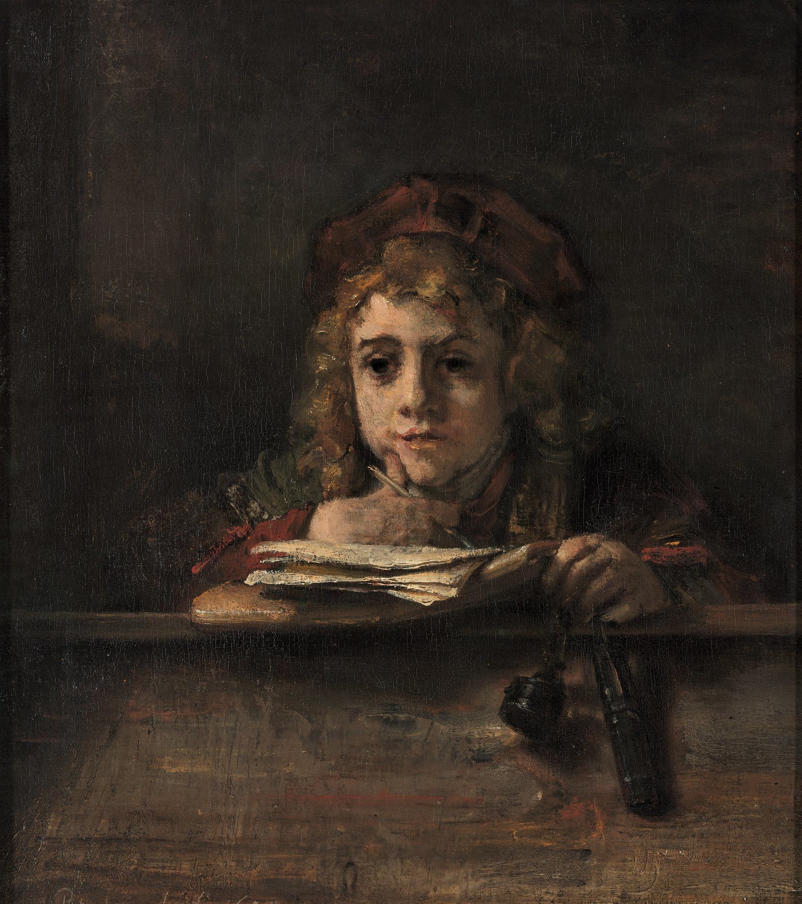 Rembrandt van Rijn, Titus aan de lessenaar, 1655: portret van zijn zoon Titus van Rijn, bruikleen van Museum Boijmans Van Beuningen.