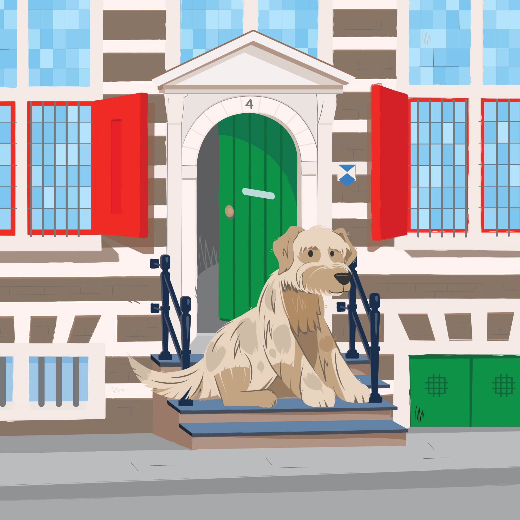Cartoon afbeelding van rembrandthuis met een hond