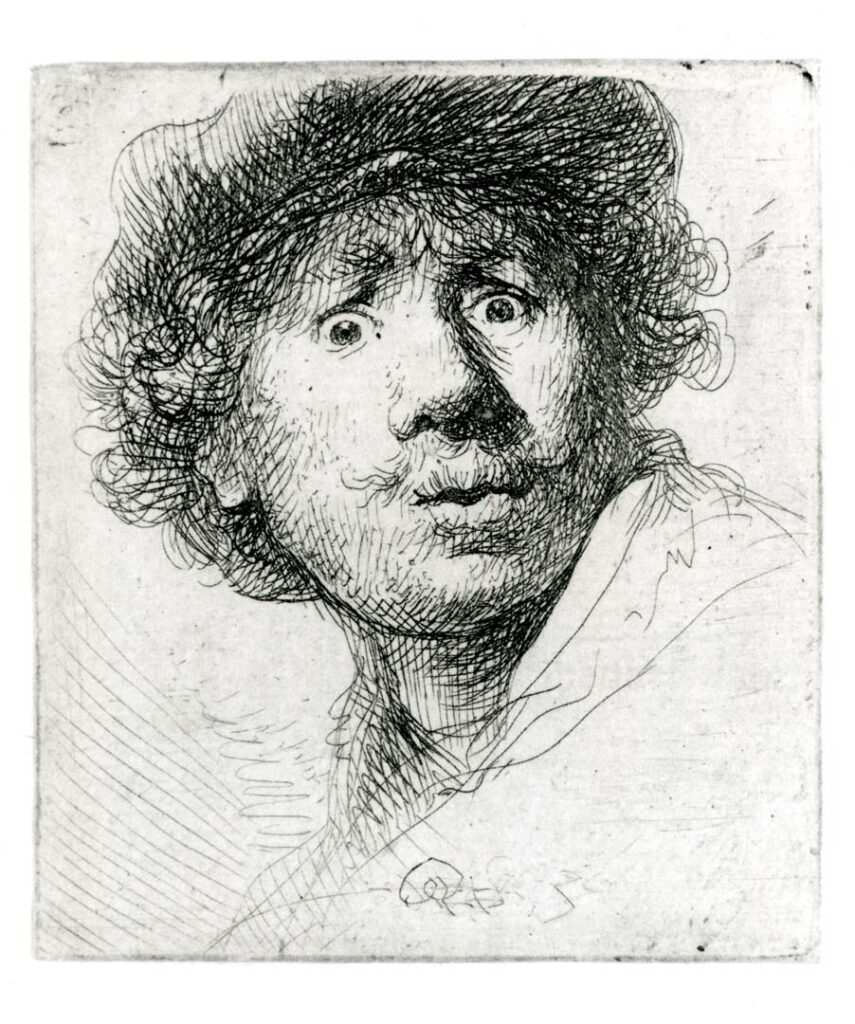 Self-portrait etching of Rembrandt van Rijn with a startled expression, 1630, Rembrandt House Museum