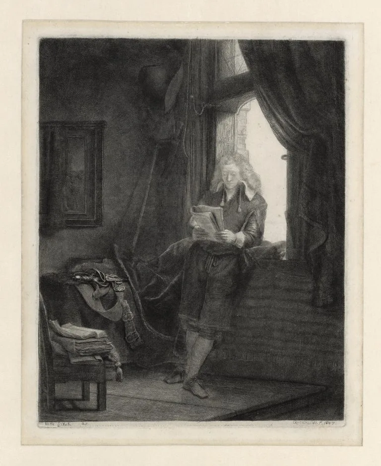 Rembrandt's 1647 etching portrait of his friend Jan Six, reading by the window