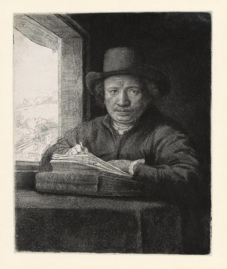 Rembrandt's 1648 self-portrait etching by the window, made shortly after the portrait of Jan Six