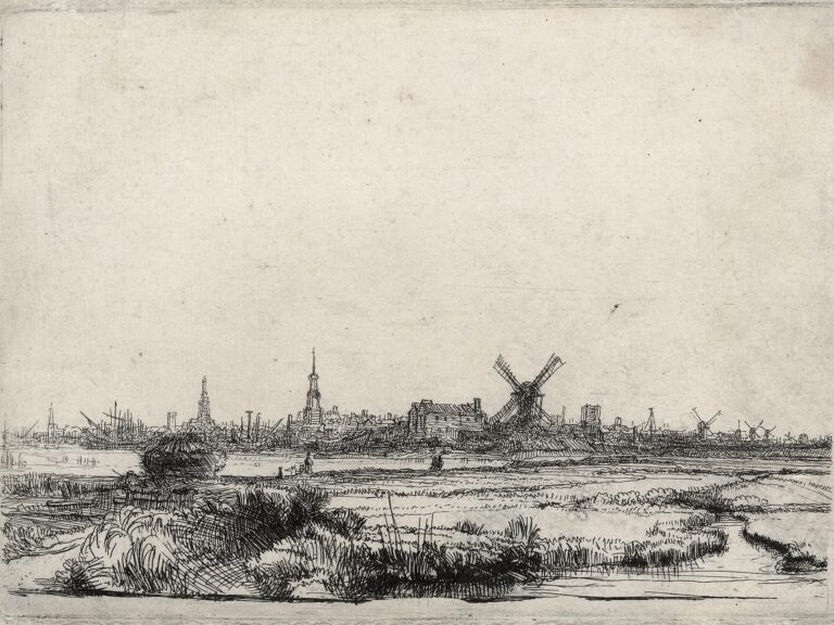 Rembrandt, View of Amsterdam, c. 1640-1641. Etching: the city skyline with towers and windmills beyond flat land