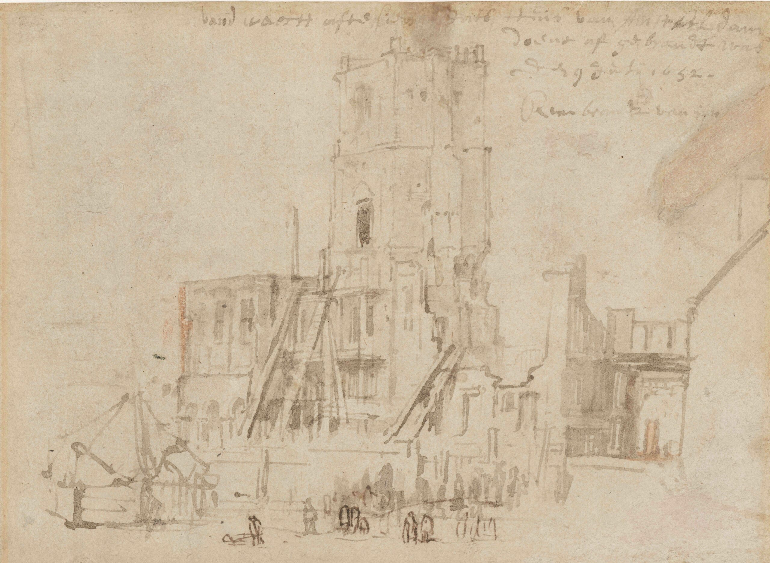 Rembrandt, The ruins of the old town hall in Amsterdam, 1652, drawing from the Rembrandt House Museum collection