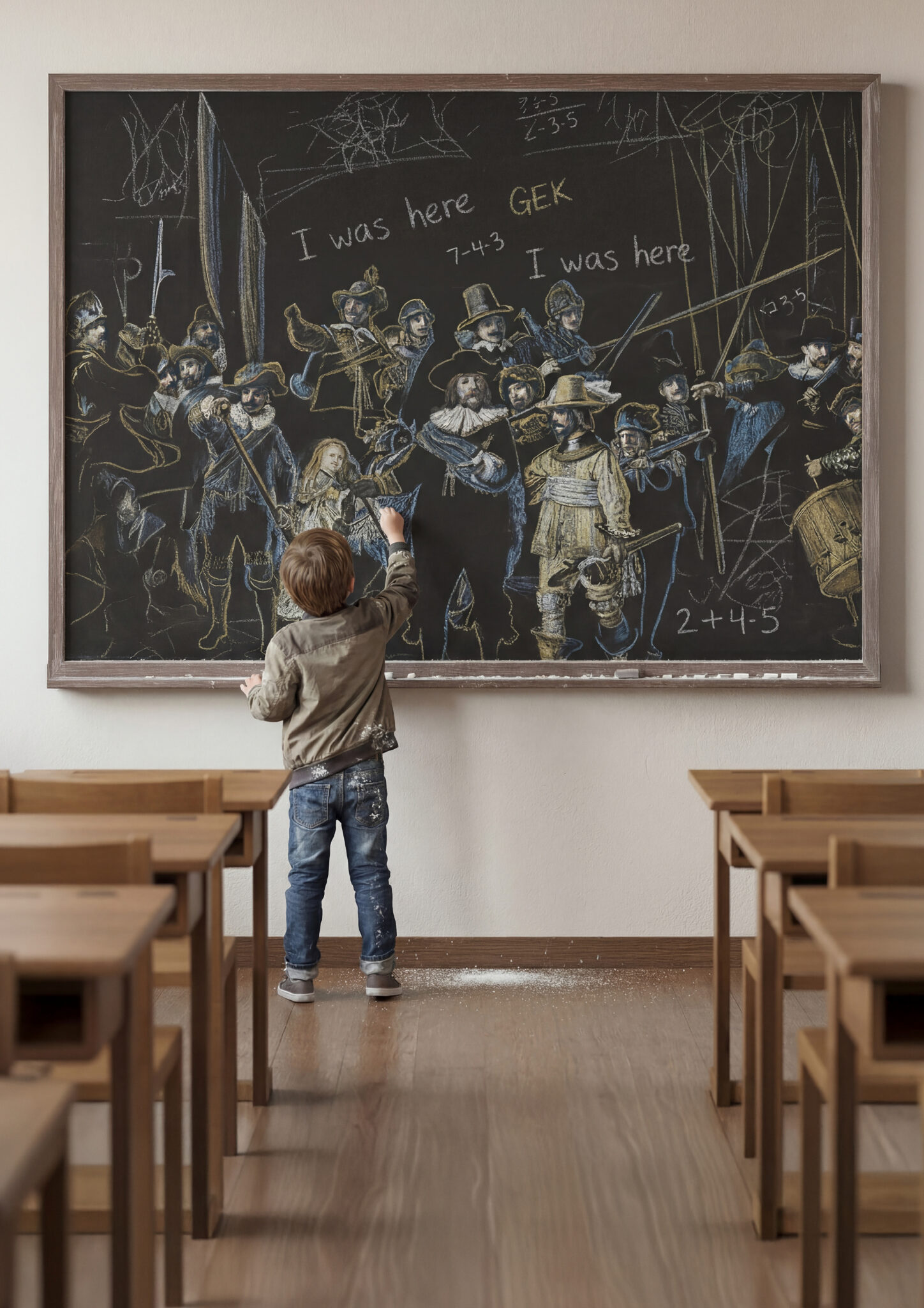 A kid draws the Nightwatch by Rembrandt on a blackboard.