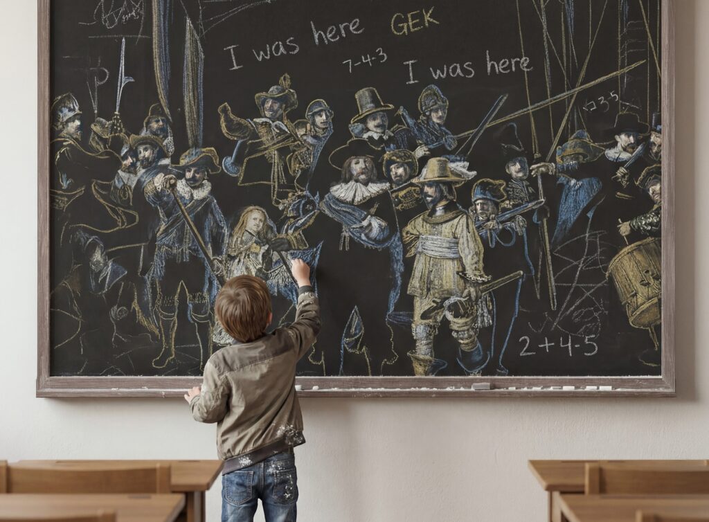 A kid draws the Nightwatch by Rembrandt on a blackboard.