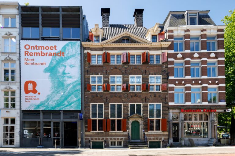 Facade of Rembrandt House Museum on the Jodenbreestraat, the house of Rembrandt van Rijn