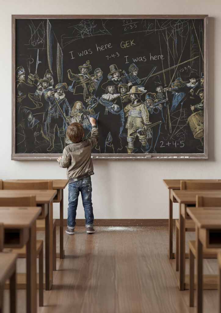 Een kind die met een krijtje de Nachtwacht van Rembrandt aan het tekenen is.