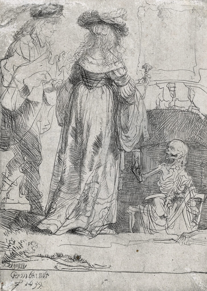 Ets van Rembrandt met twee mensen er op