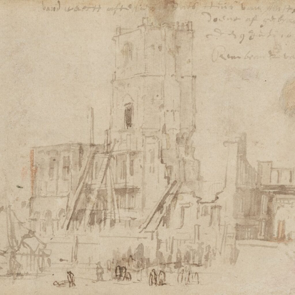 Rembrandt, De ruïnes van het oude stadhuis te Amsterdam, 1652, pen in bruin, 150 x 201 mm, Museum Rembrandthuis