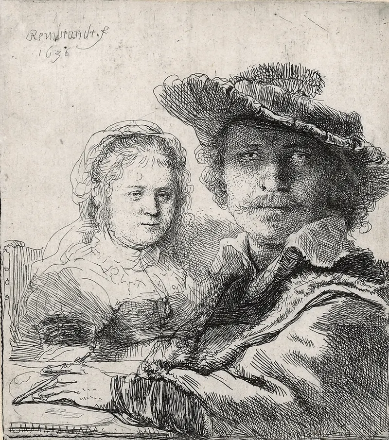 Rembrandt, Self-portrait with Saskia, 1636. Etching: Rembrandt in a beret, with Saskia beside him